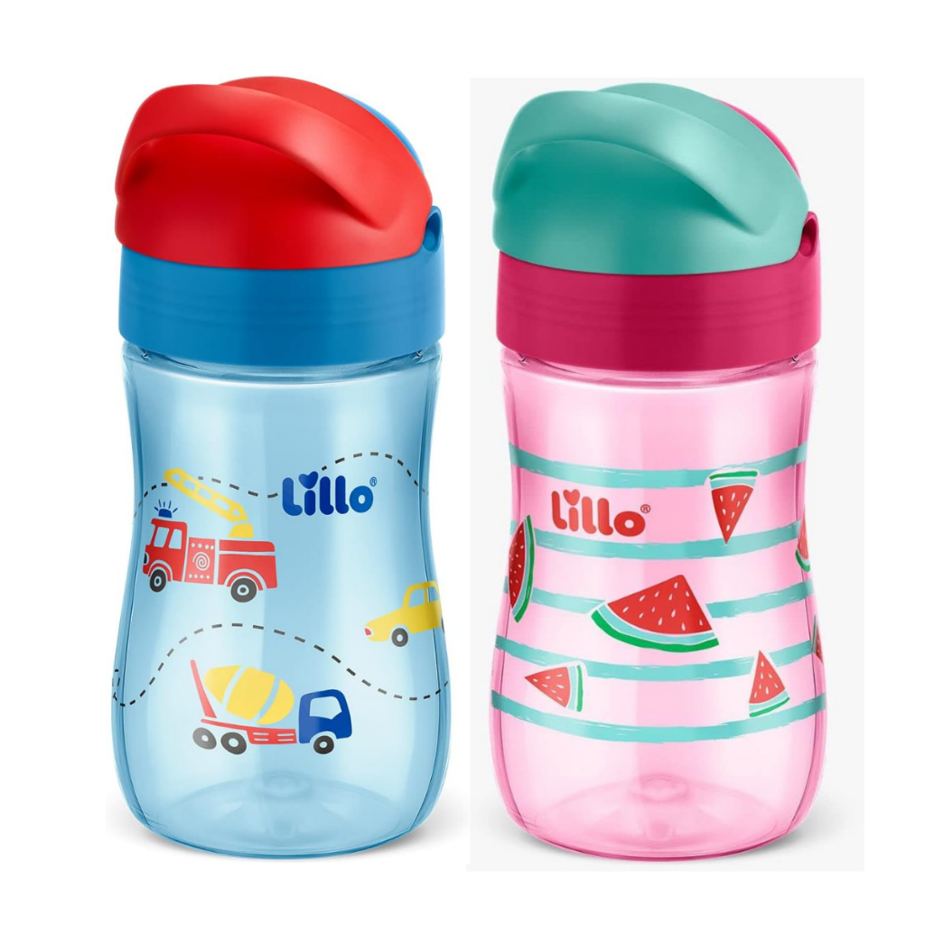 Copo de Treinamento Lillo com Canudo Retrátil em Silicone Tampa Abre e Fecha  Fácil de Segurar 300ml
