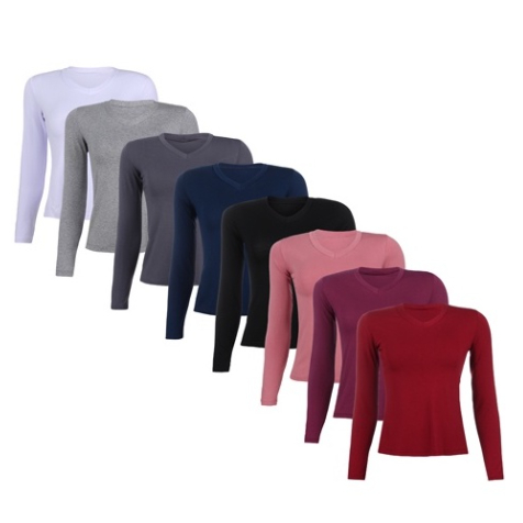 Kit 3 Blusas Femininas Basicas Gola V Manga Longa Segunda Pele Blusinha Tshirt em Oferta na Shopee