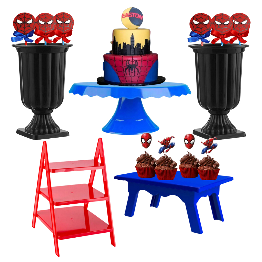 Kit Festa Boleira + Vaso Grego Decorativo + Mesinha + Escadinha P Doce Bolo Aniversário Homem Aranha