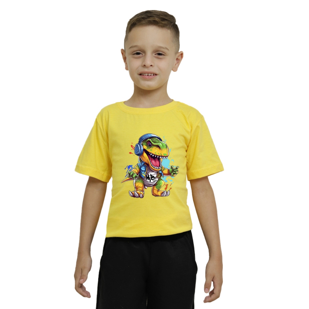 Camiseta Estampada Infantil Dinossauro Com Fone  Gola Redonda Masculino