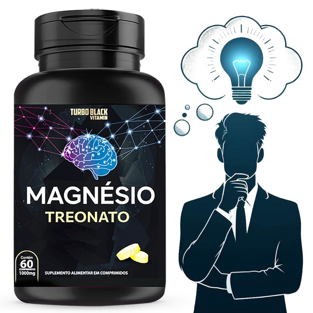 Magnésio Treonato Treonina Turbo Black 60 comprimidos 1000 mg Recomendado para Memória Aprendizado e Foco