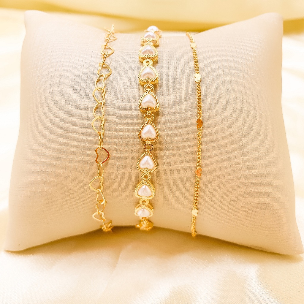Kit 3 Pulseiras ouro 18k Coracao mini Coração e Coracao Perola