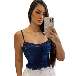 Blusa Jeans Feminina Com Alcinha - Algodão em Oferta na Shopee