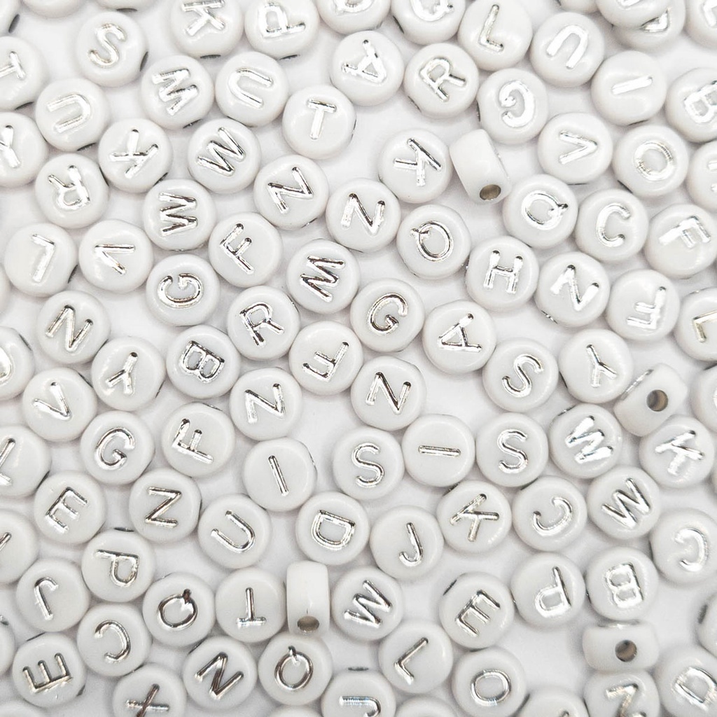 MIÇANGA INFANTIL ALFABETO - Aprox. 1500 peças Branca com Letras Prata