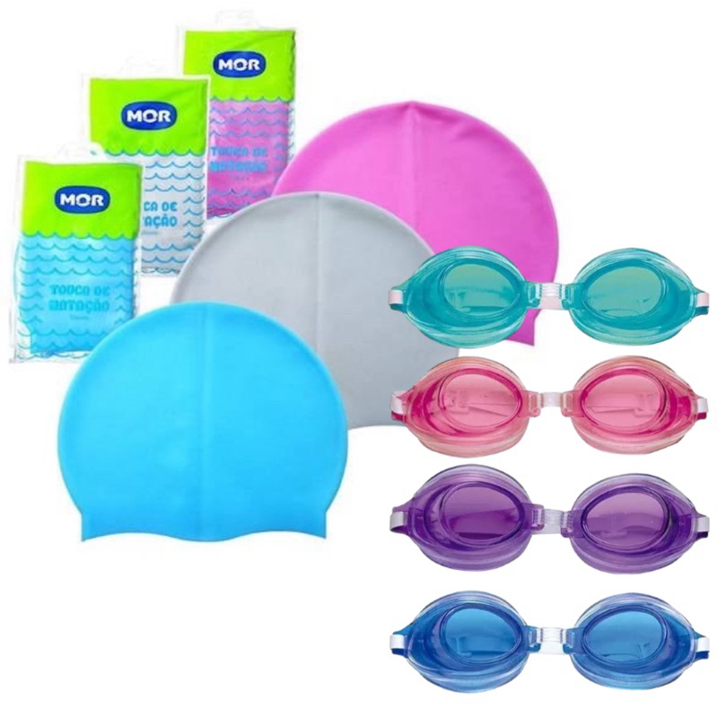 KIT NATAÇÃO TOUCA DE SILICONE + OCULOS DE NATAÇÃO INFANTIL MOR