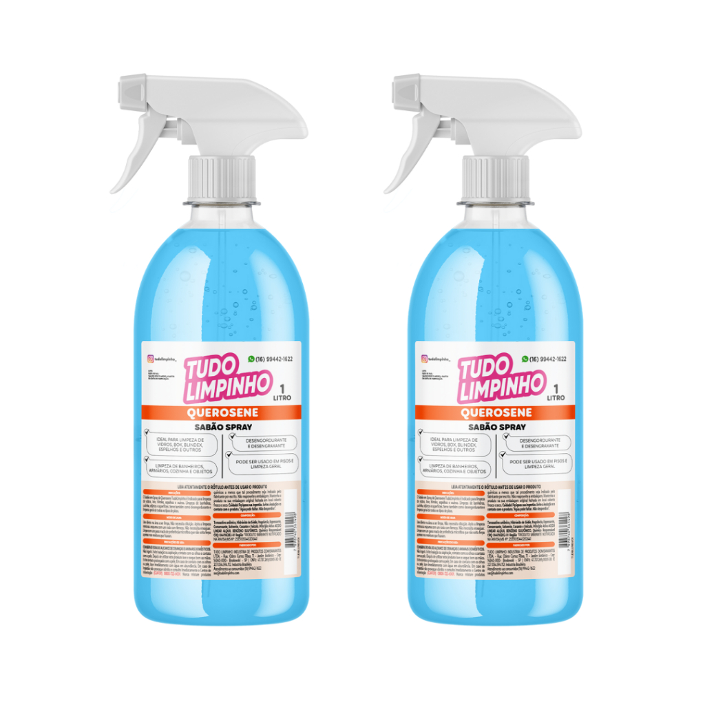 KIT 2 SPRAY DE QUEROSENE LIMPA VIDROS TUDO LIMPINHO 1 LITRO em Oferta na Shopee