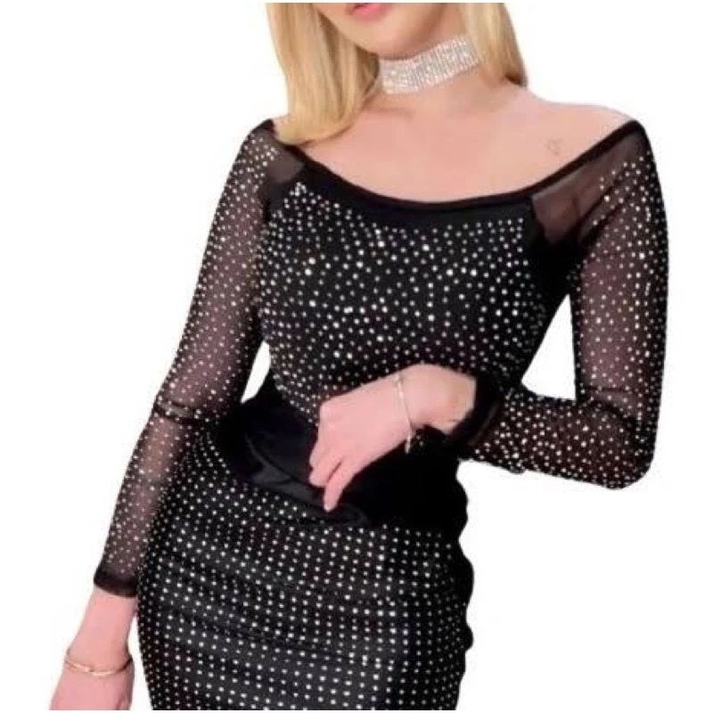 Body Tule Pedraria Body Manga Longa Preto Balada Sensual