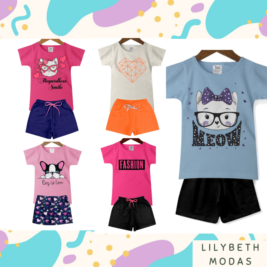 Kit Com 5 Conjuntos Infantil Feminino Roupa De Criança Para Menina Baby Look e Shorts