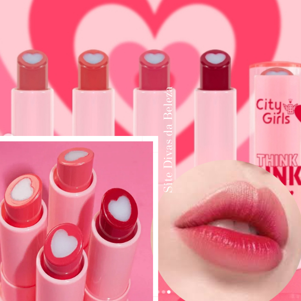 Batom Hidratante Fofo Think Pink Coração Rosa City Girls Batom Bálsamo Lip Balm
