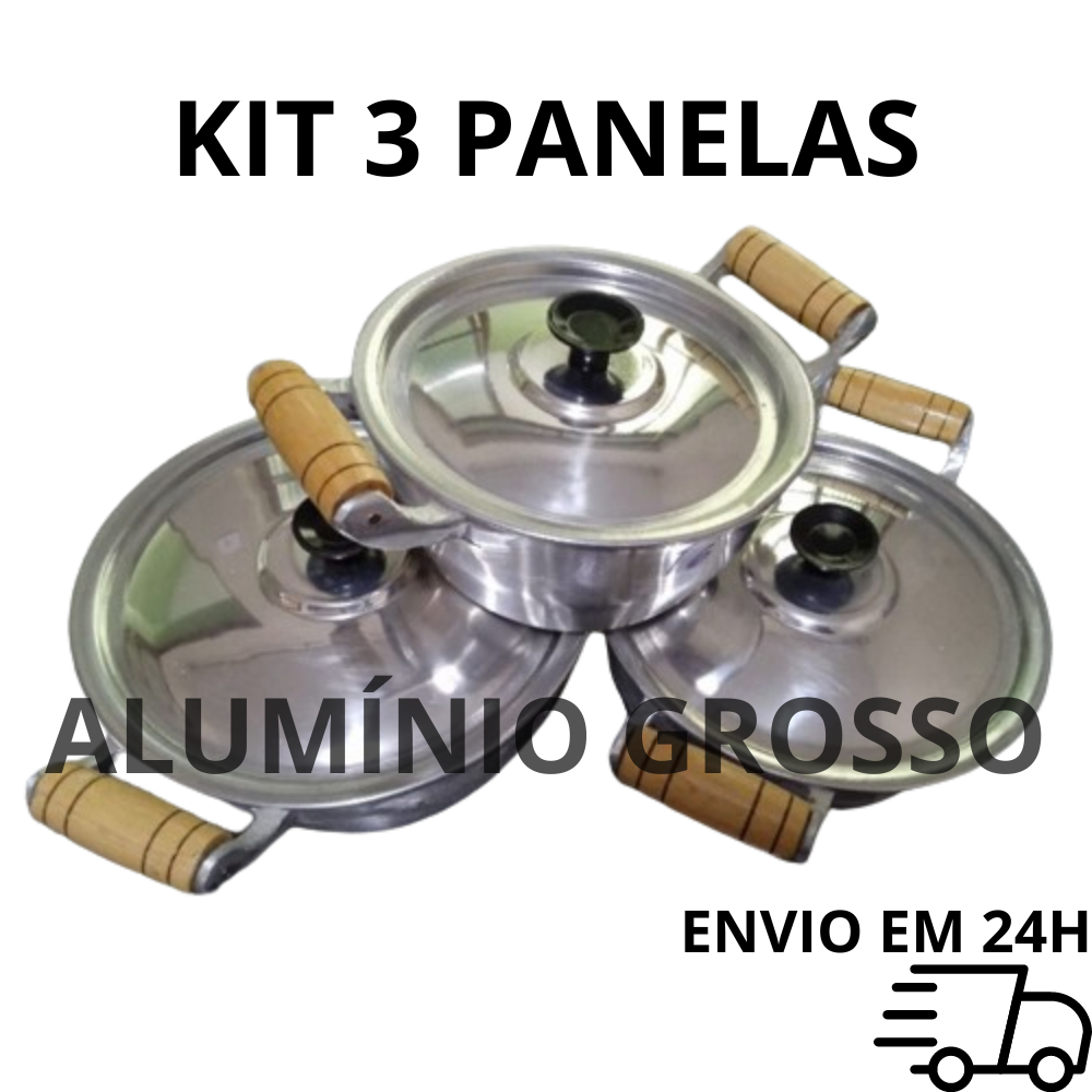 KIT 3 PANELAS CAÇAROLAS ALUMINIO BATIDO FUNDIDO GROSSO 16,18,20