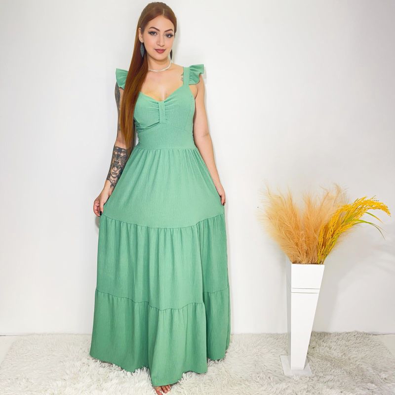 vestido longo luxo duna lisa franzido com babada na manga 0271