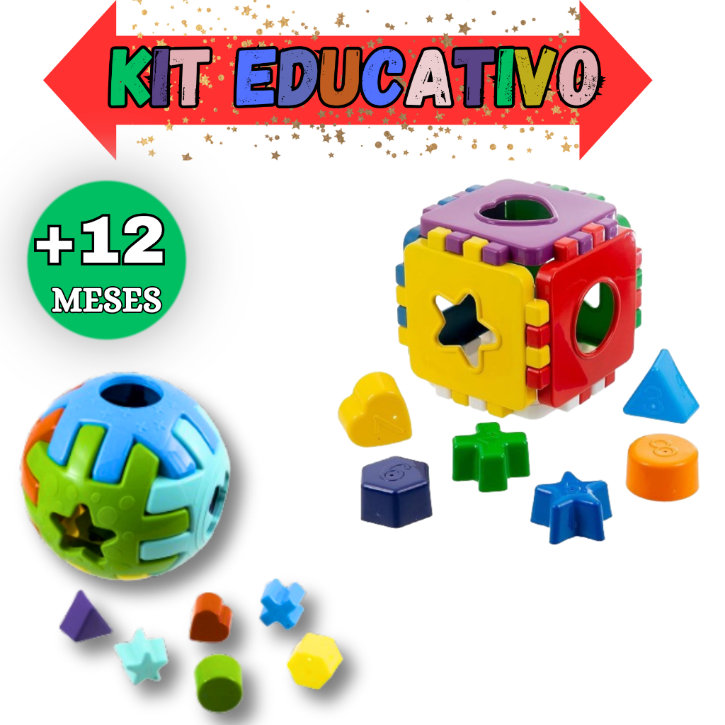 Kit Diversão Pedagógico 2 Brinquedos Educativos Cubo Média e Bola Média