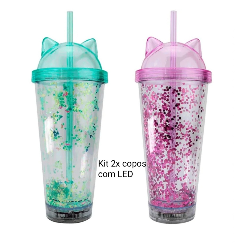 KIT COM DOIS COPOS PAREDE DUPLA GLITTER LED CANUDO TAMPA GATO INFANTIL GLITTER 450ml