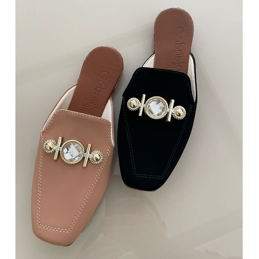 Mule Sapatilha Feminina A.b.s Cristal Bico Quadrado Cores Variadas Sapato Muller Rasteirinha Ref.38