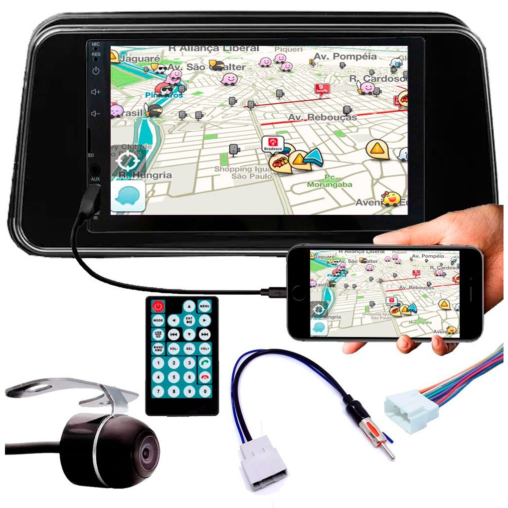 Multimídia Kicks PCD Espelhamento Bluetooth USB SD Card + Moldura + Chicotes + Câmera Ré