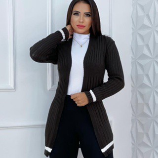 Blusa de Frio, Casaco De Tricot, Modelo Cardigan Com Detalhe de Listra Na Barra e na Manga.