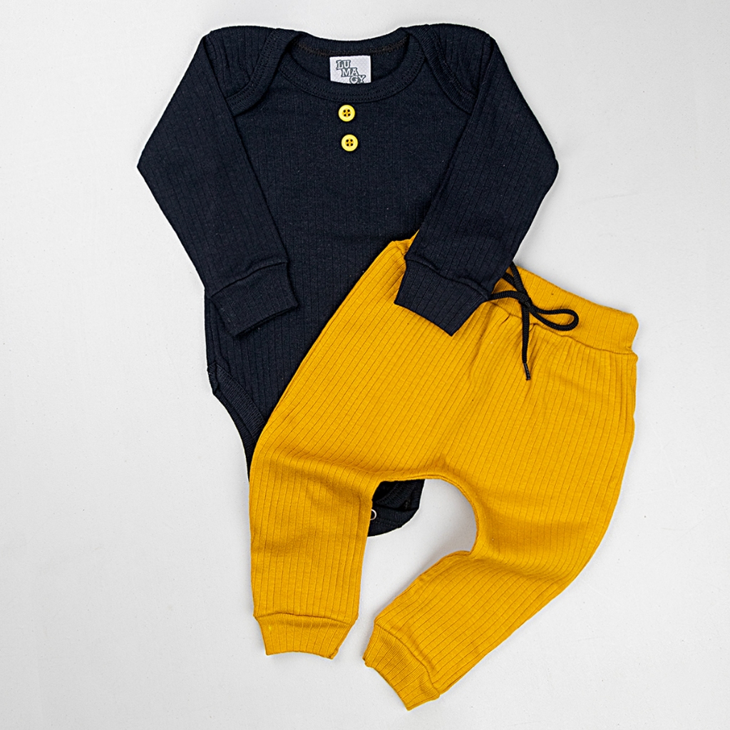 Conjunto Inverno Body e Calça Canelado Algodão Roupas de Bebê