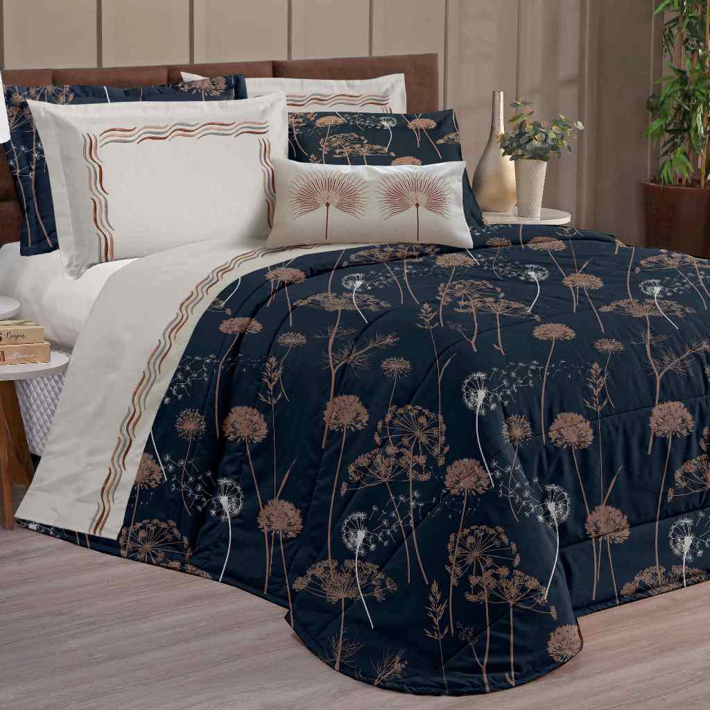 Kit Edredom King Size Algodão Estampado 05 Peças Cama King com Almofada Decorativa Bordada Viena