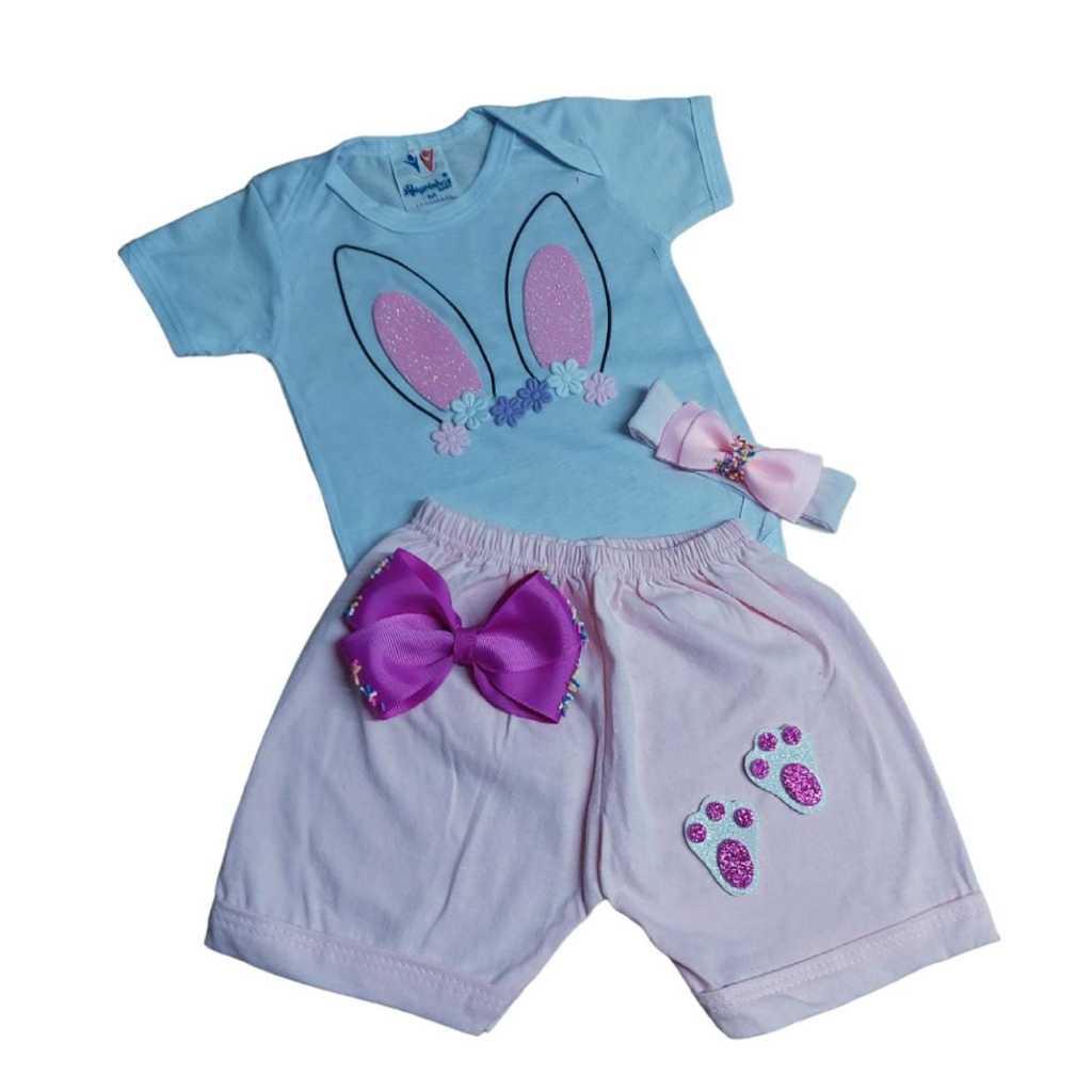 Fantasia De Coelhinha Conjunto Roupa Bebê Menina Mesversário Páscoa Body Temático Infantil, Short e Laço