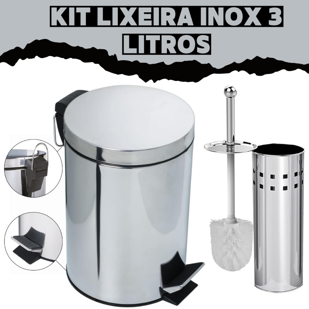Kit Lixeira 3 Litros + Escova Sanitária Para Banheiro Inox