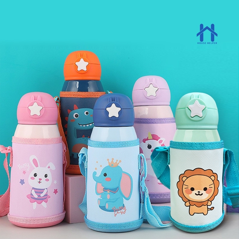 Garrafa Térmica Infantil de 500ml Aço Inox 304 Com Alça Bolsa De Armazenamento, Canudo e Caneca