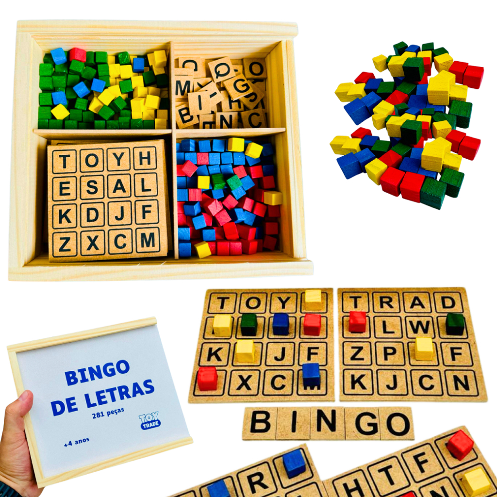 Bingo Letras para Alfabetização 281 Peças, 15 Cartelas + 28 Letras + 238 pedras Madeira Coloridas) em Oferta na Shopee