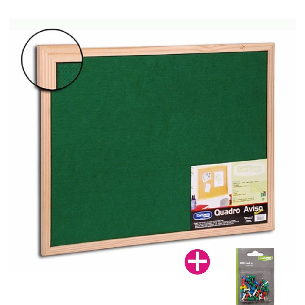 Quadro Mural de Aviso Feltro Verde 45x30cm Moldura Madeira + 30 Alfinetes
