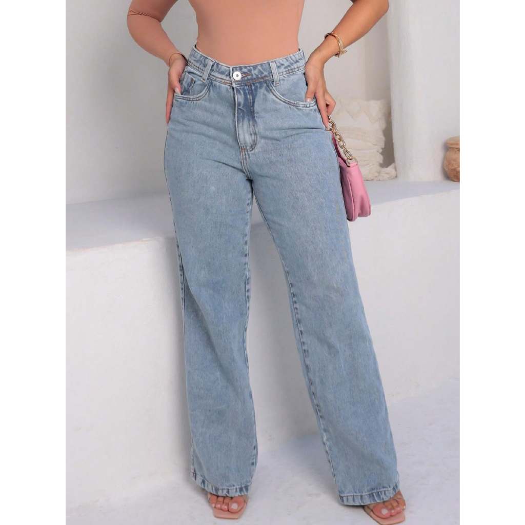 Coolestfeminina 1301 Calça Jeans Feminina Wide Leg Pantalona Cintura Alta Moda Atual 1301