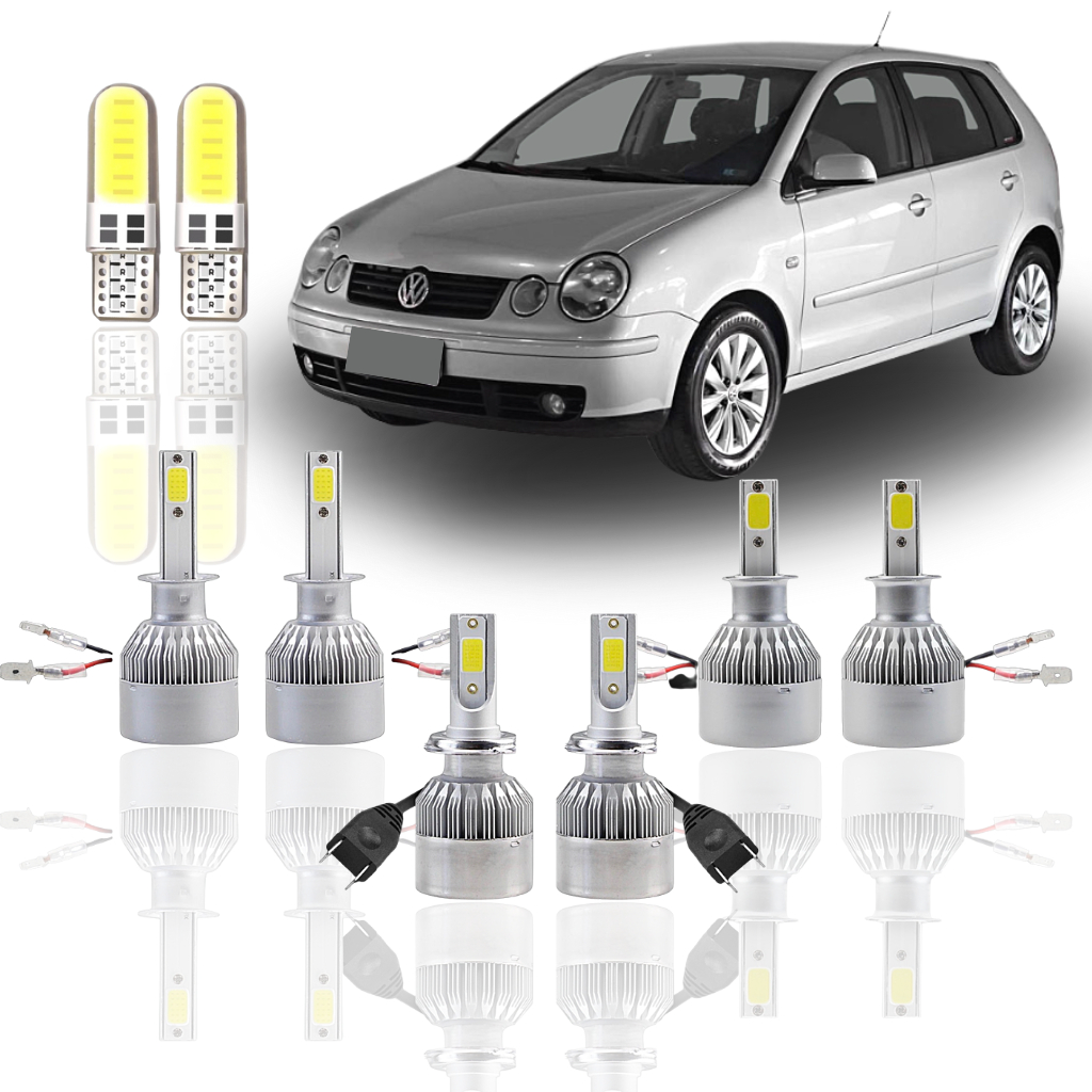 KIT Lâmpada Led (Farol  Baixo Alto Milha Farolete ) Volkswagen Polo 2003 a 2006 H1 H7 H3 T10 Super Led meia luz neblina em Oferta na Shopee