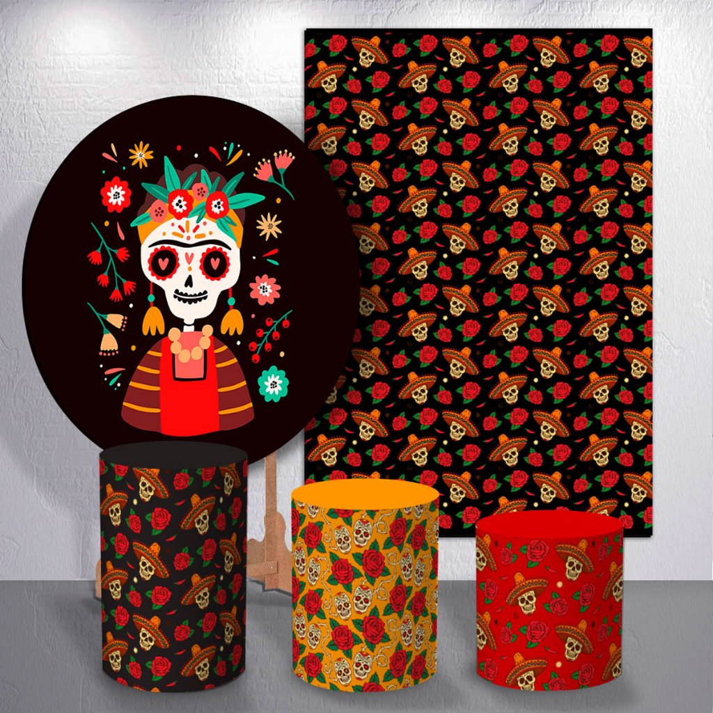 Painel de Festa Decoração Mexicana Caveira Capas Trio Cilindro e Capas Painel Redondo ou Retangular