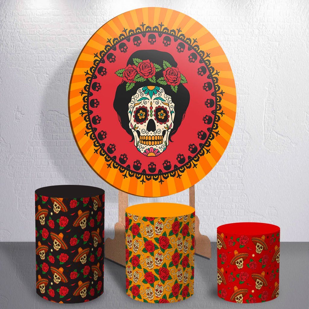 Capas Painel de Festa Decoração Mexicana Caveira Capas Trio Cilindro ou Capas Painel Sublimado