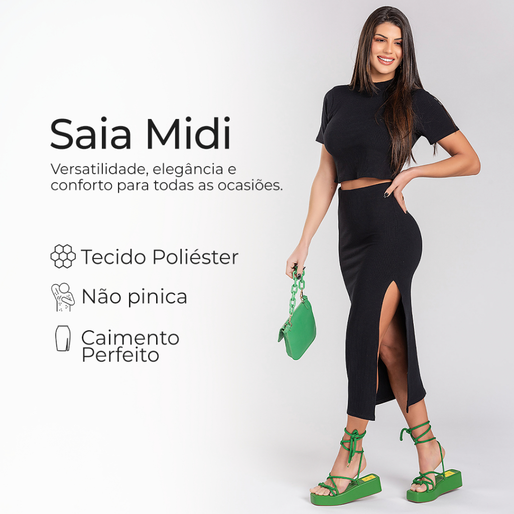 Saia Midi com Fenda Lateral Feminina - Tecido Poliéster - Caimento Longo e Ajustado - Saia longa em Oferta na Shopee