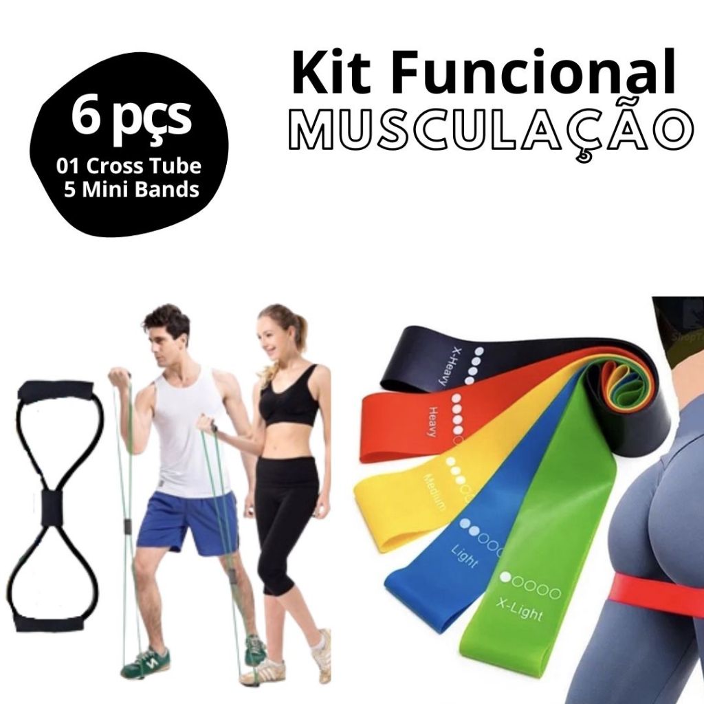 Kit Funcional Musculação 06 peças Elástico Extensor Cross e Kit 05 Faixas Elásticas Mini Band