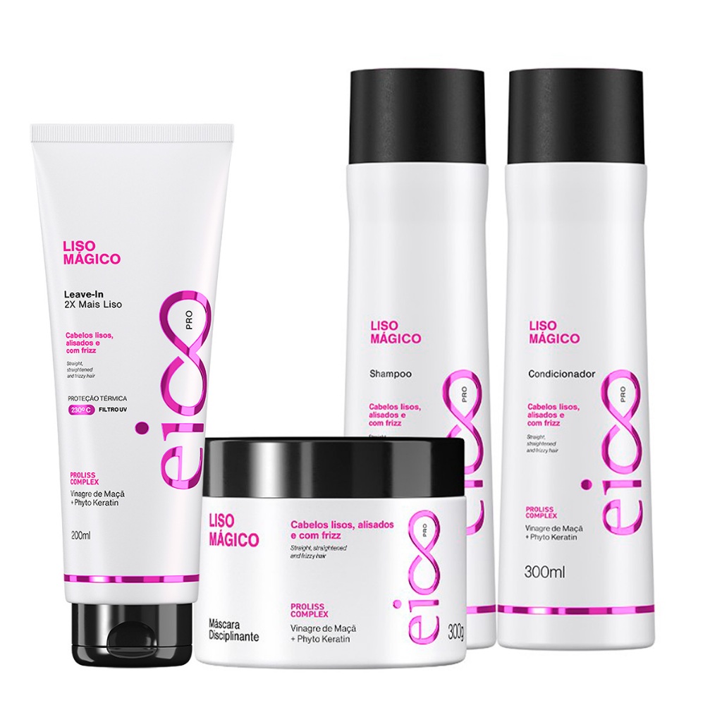 Eico Pro Liso Mágico Shampoo Condicionador 300ml Pós Progressiva Tratamento Máscara Efeito Liso 300ml e Leave-in 200ml