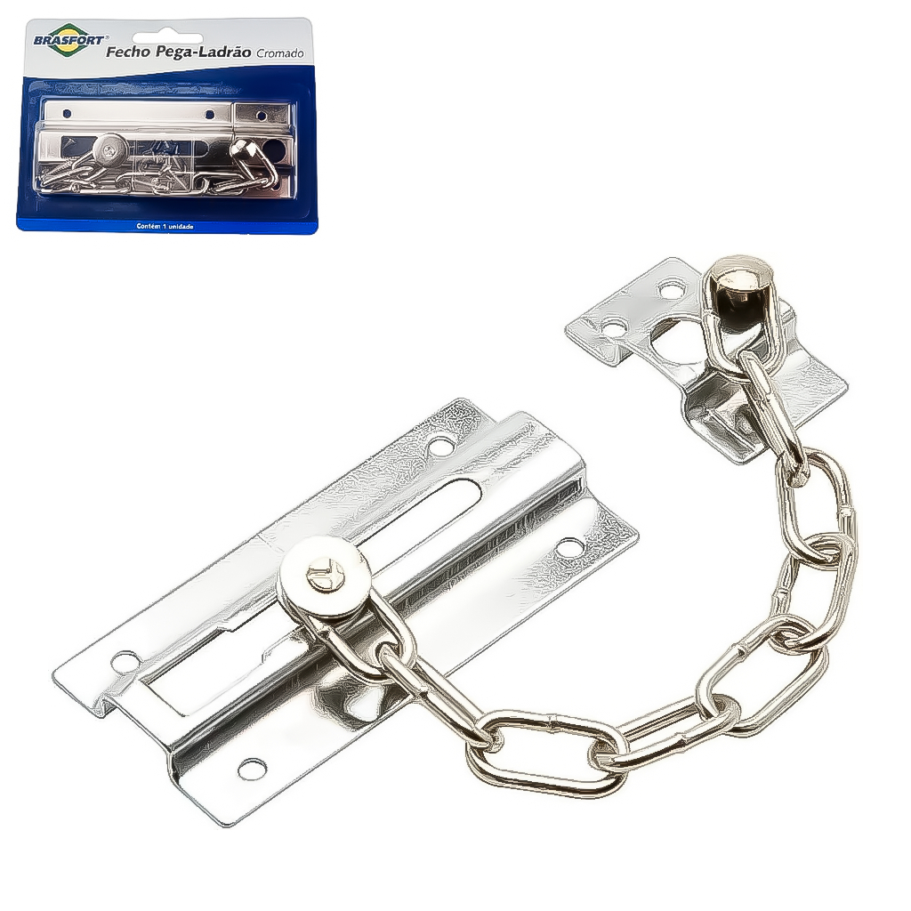 Fecho de Porta Pega Ladrão Cromado com Corrente Em Aço Carbono Para Mais Segurança