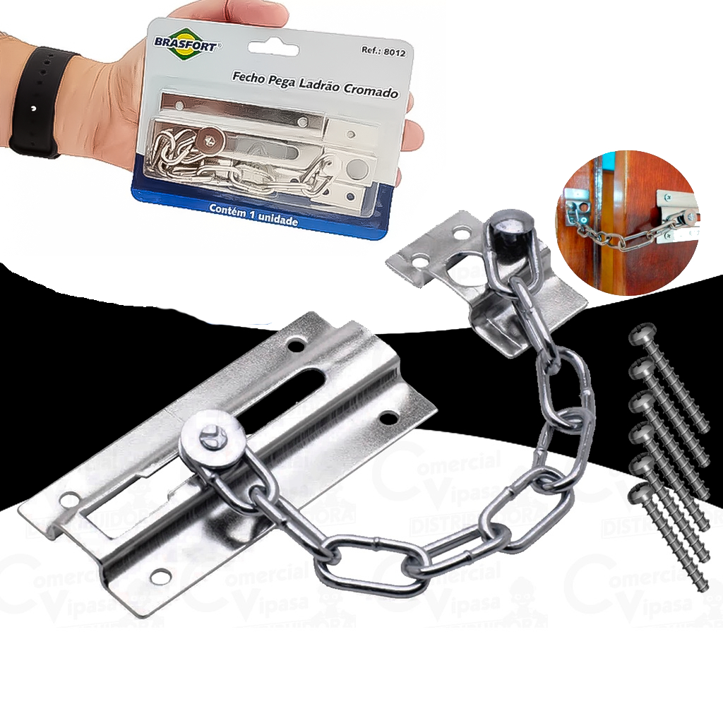 Fecho de Porta Pega Ladrão Cromado com Corrente Em Aço Carbono Para Mais Segurança - Home & Living