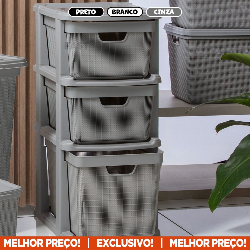 Gaveteiro Escrivaninha c/ 3 Gavetas Grandes 22 Litros e 15 Litros Gaveteiros Multiuso Plástico Resistente Reforçado Juta