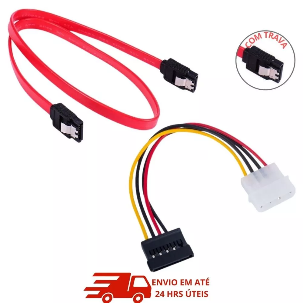 Kit Cabo SATA de Dados 50cm + Adaptador Molex de Energia IDE 4 Pinos para SATA HD SSD
