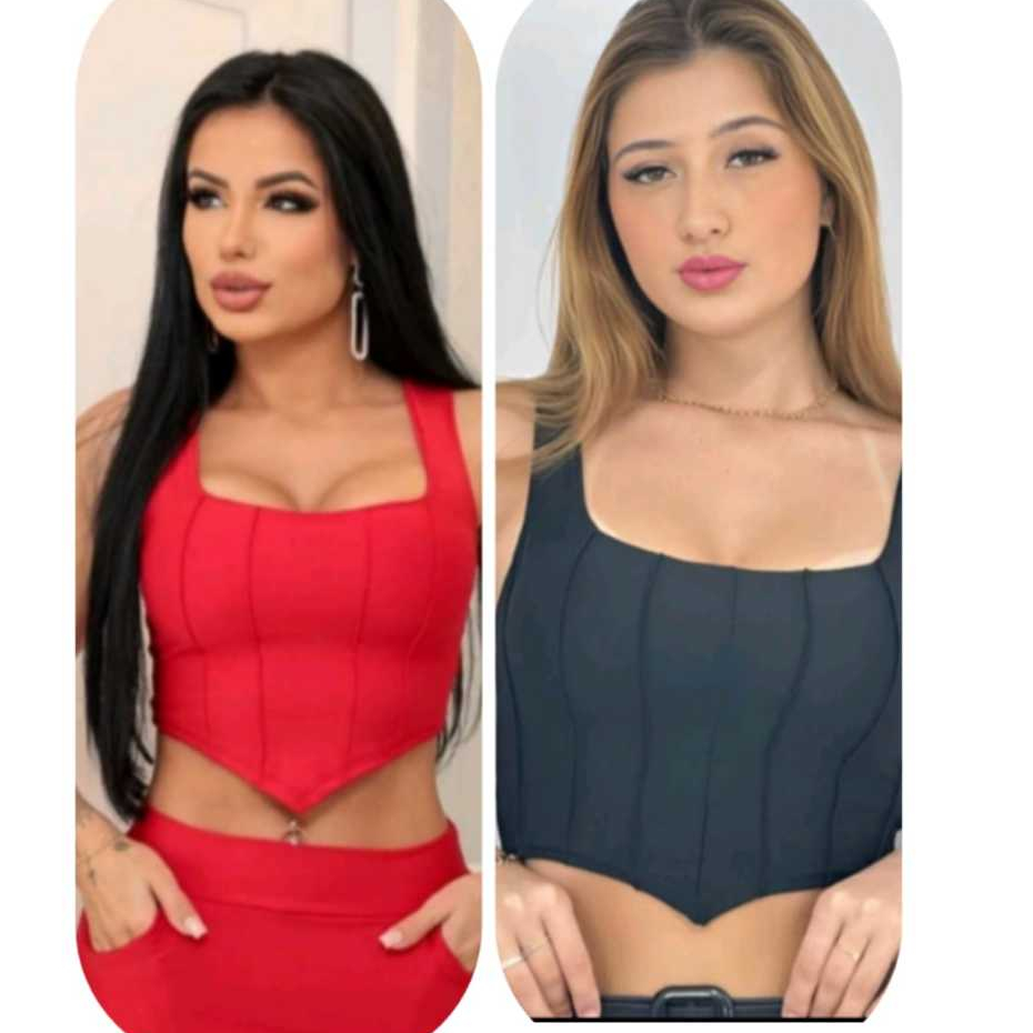 kit cropped corset bico V com bojo tecido suplex moda blogueira. em Oferta na Shopee