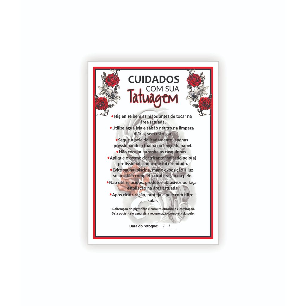 50 Cartões personalizados Cuidados com a tatuagem/ Cartão cuidados com a tattoo