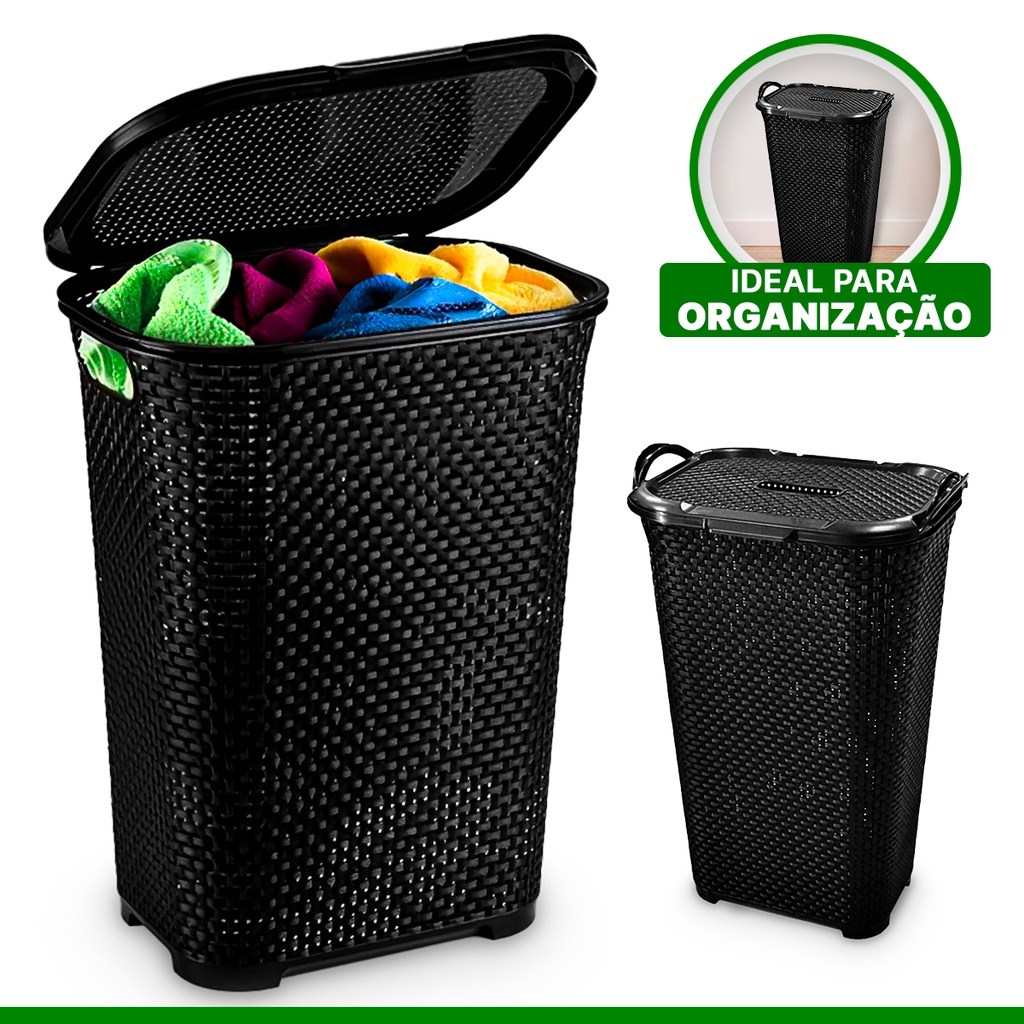 Cesto Rattan Grande C/Tampa Basculada Preto ou Branco 50L Armazenamento Resistente