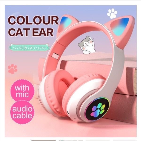 Fone gatinho sem fio bluetooth 5.0 bonito gato forma luminosa fone de ouvido para jogos crianças menina menino
