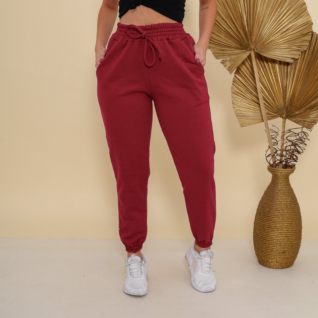 Detalhes do Calça Feminino Moletom Jogger Cintura Alta Bolsos Laterais De Inverno
