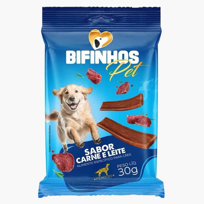 Petiscos para Cães Filhotes Snacks Bifinhos Pet Sabor Carne e Leite 30g