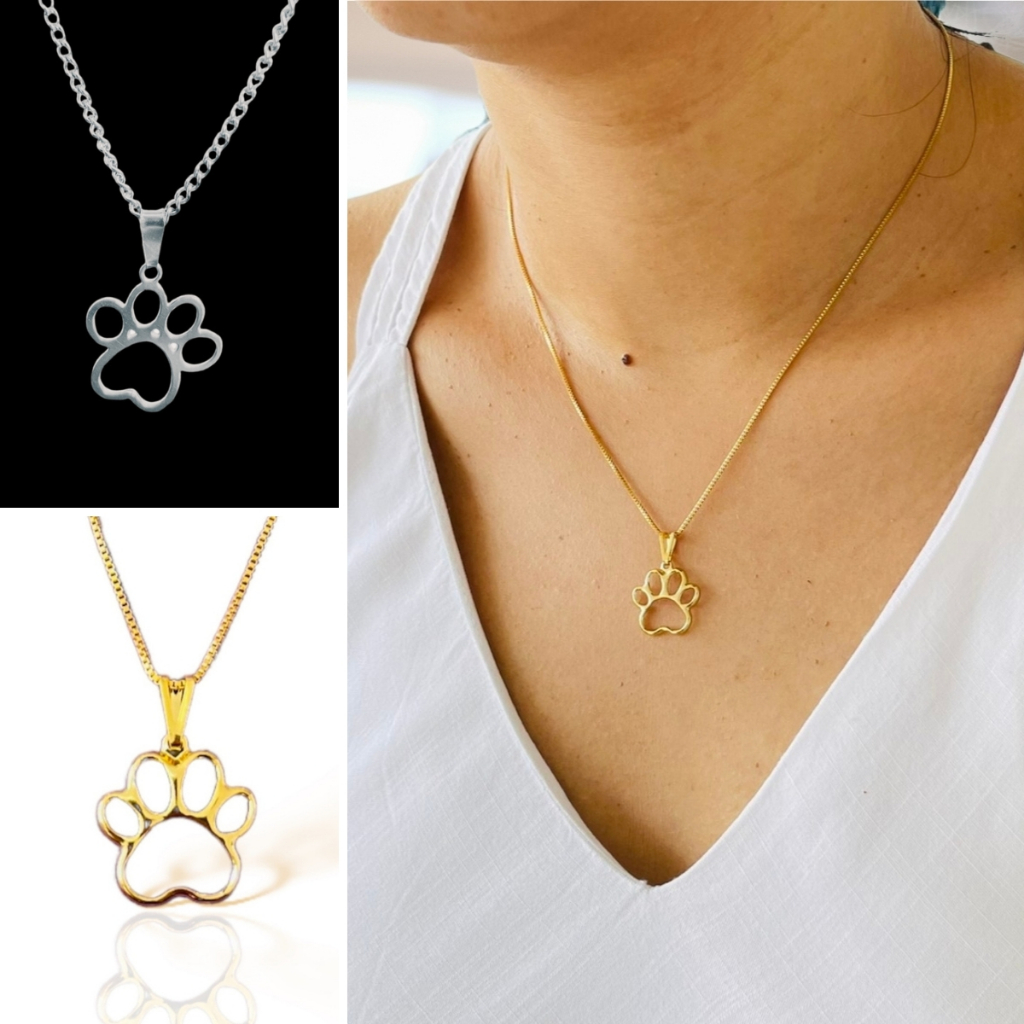 Colar Feminino Folheado A Ouro Patinha de Gato Cachorro Pet Aço Inox