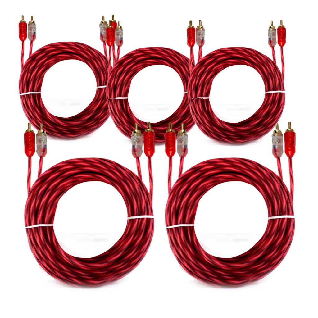 Kit 5 Cabo RCA 5m Som Automotivo Injetado E-tech 4mm 2 Macho Níquel