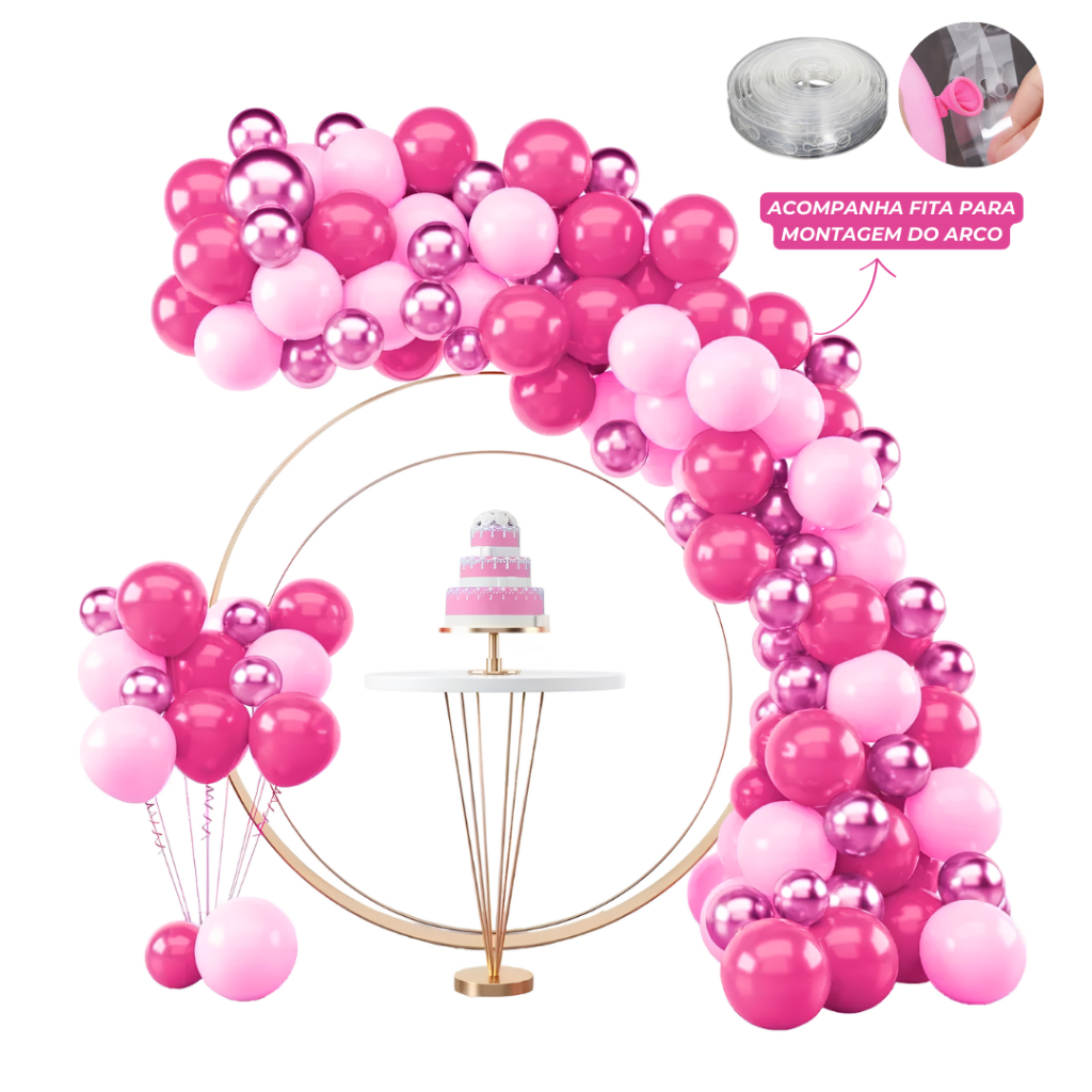 Kit 125 Balões Arco Desconstruído Tons De Rosa + Fita Arco - Balão Bexiga Liso/Cromado Para Festas e Aniversários