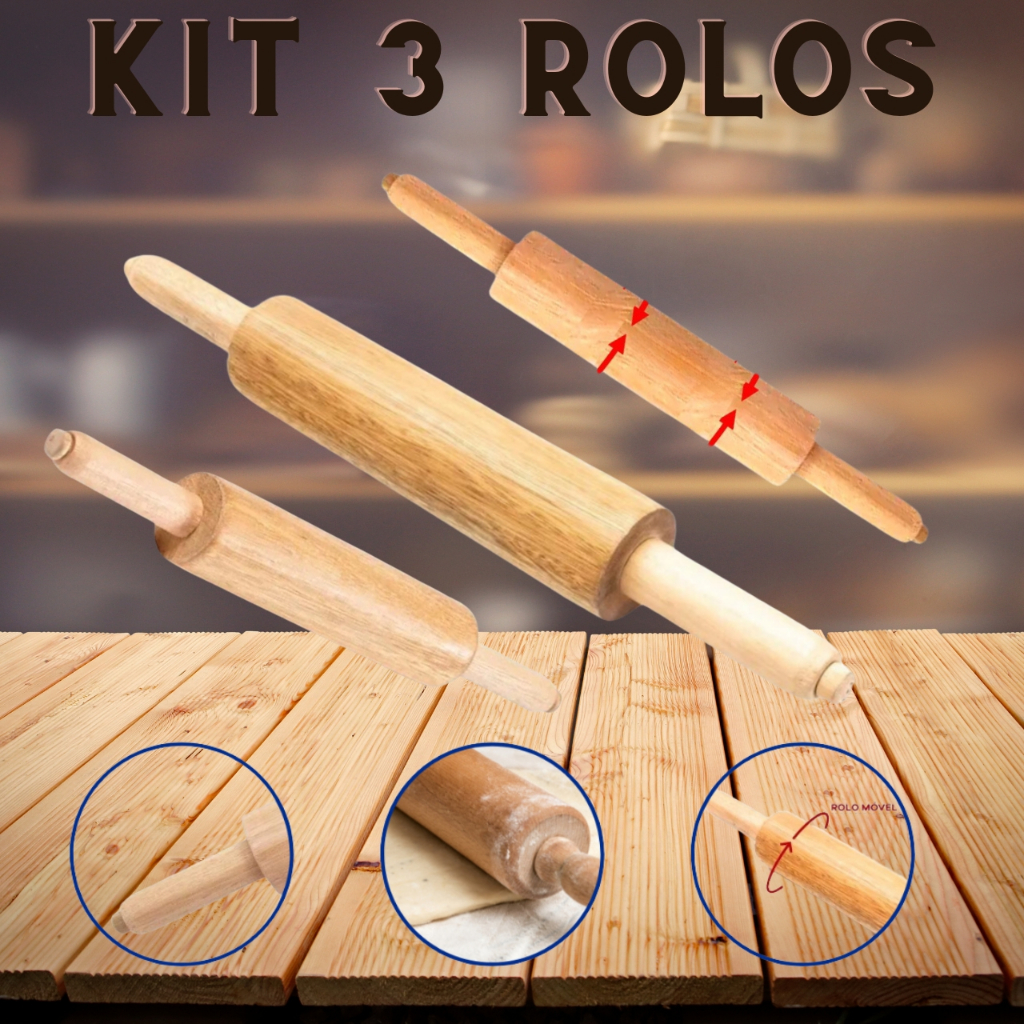 kit Com 3 Rolos Para Massas Pizza Pão Macarrão 43cm Confeitar De Madeira Pau Multiuso Restaurante Profissional Cozinha Domestico