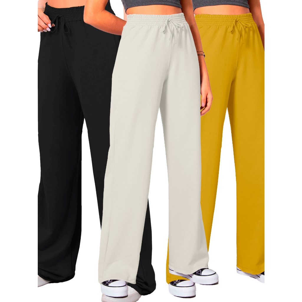 Calça Pantalona Feminina Kit 3 Peças Moletinho Leve