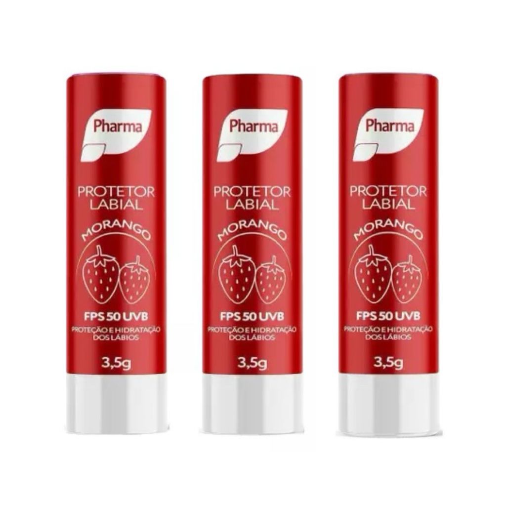 Kit C/3 Protetor Labial e Solar Bastão Morango FPS50 Pharma em Oferta na Shopee